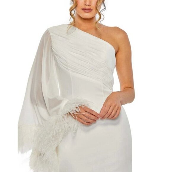 New Mac Duggal Size 6 White 11442 Feather Cuff One Shoulder Gown Dress Wedding - Picture 2 of 9